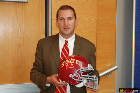 Iowa State Athletic Director Jamie Pollard Holds Up the New Iowa State Helmet